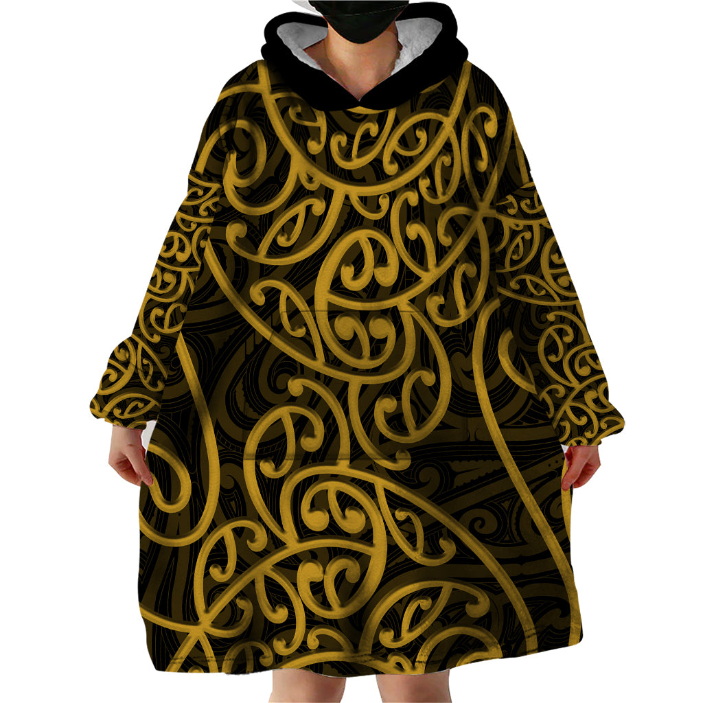New Zealand Wearable Blanket Hoodie Maori Pattern Gold LT6 - Polynesian Pride