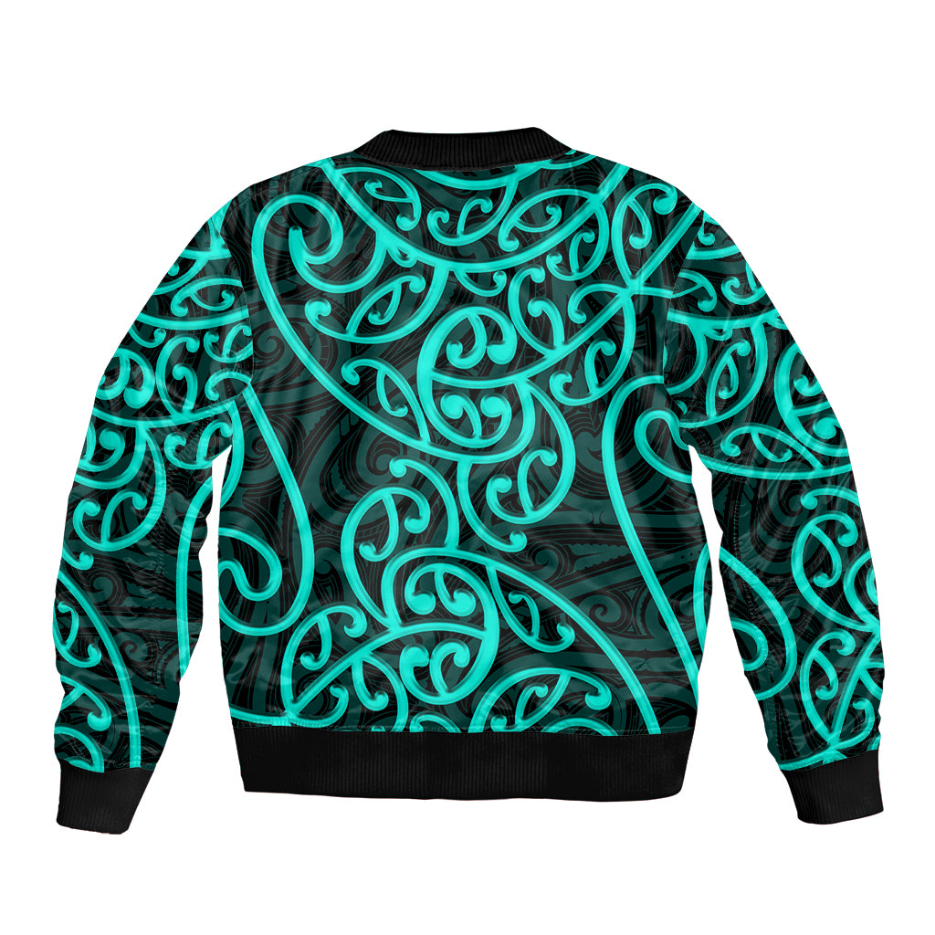 New Zealand Sleeve Zip Bomber Jacket Maori Pattern Turquoise LT6 - Polynesian Pride