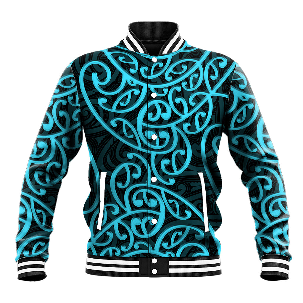 New Zealand Baseball Jacket Maori Pattern Light Blue LT6 Unisex Blue - Polynesian Pride