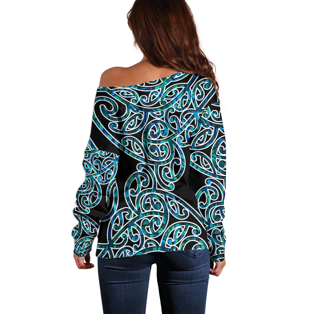 New Zealand Off Shoulder Sweater Maori Pattern Papua Shell LT6 - Polynesian Pride