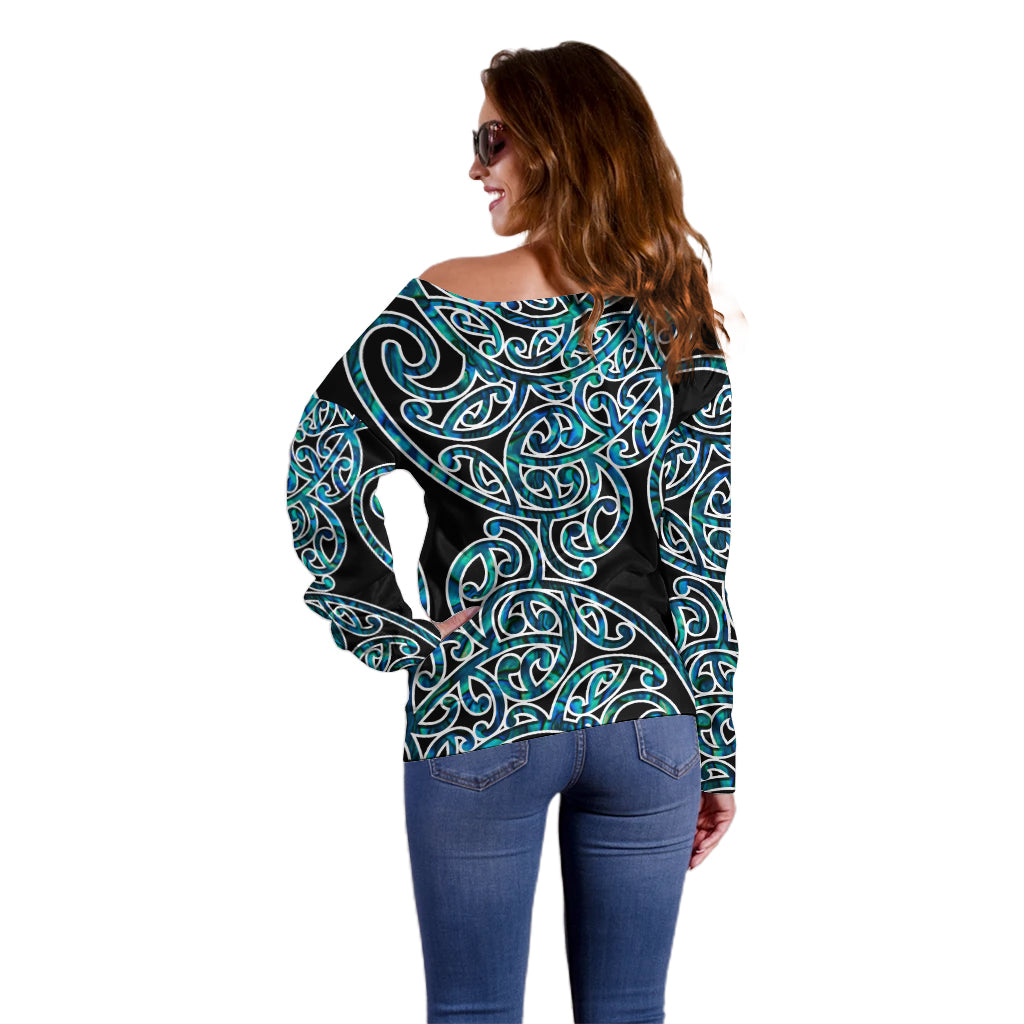New Zealand Off Shoulder Sweater Maori Pattern Papua Shell LT6 - Polynesian Pride