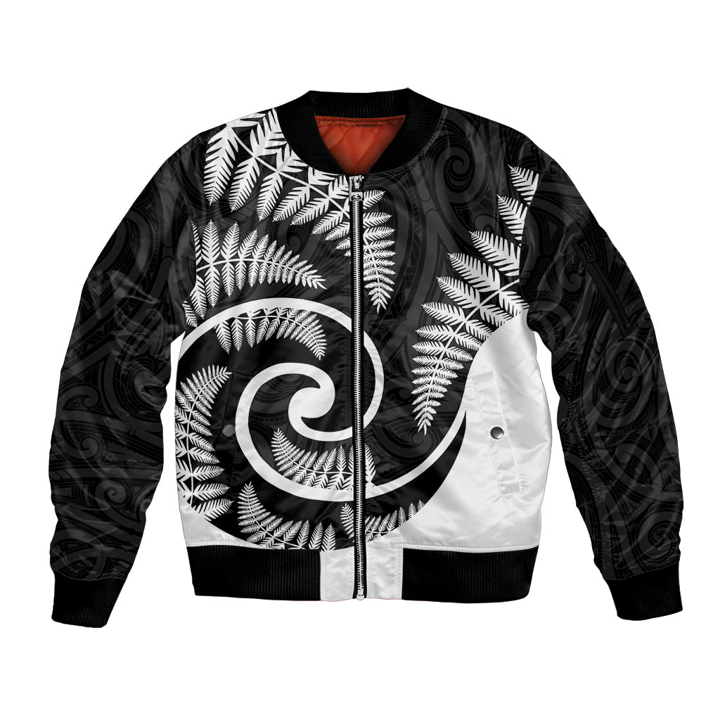 New Zealand Sleeve Zip Bomber Jacket Maori With Silver Fern White LT6 Unisex White - Polynesian Pride