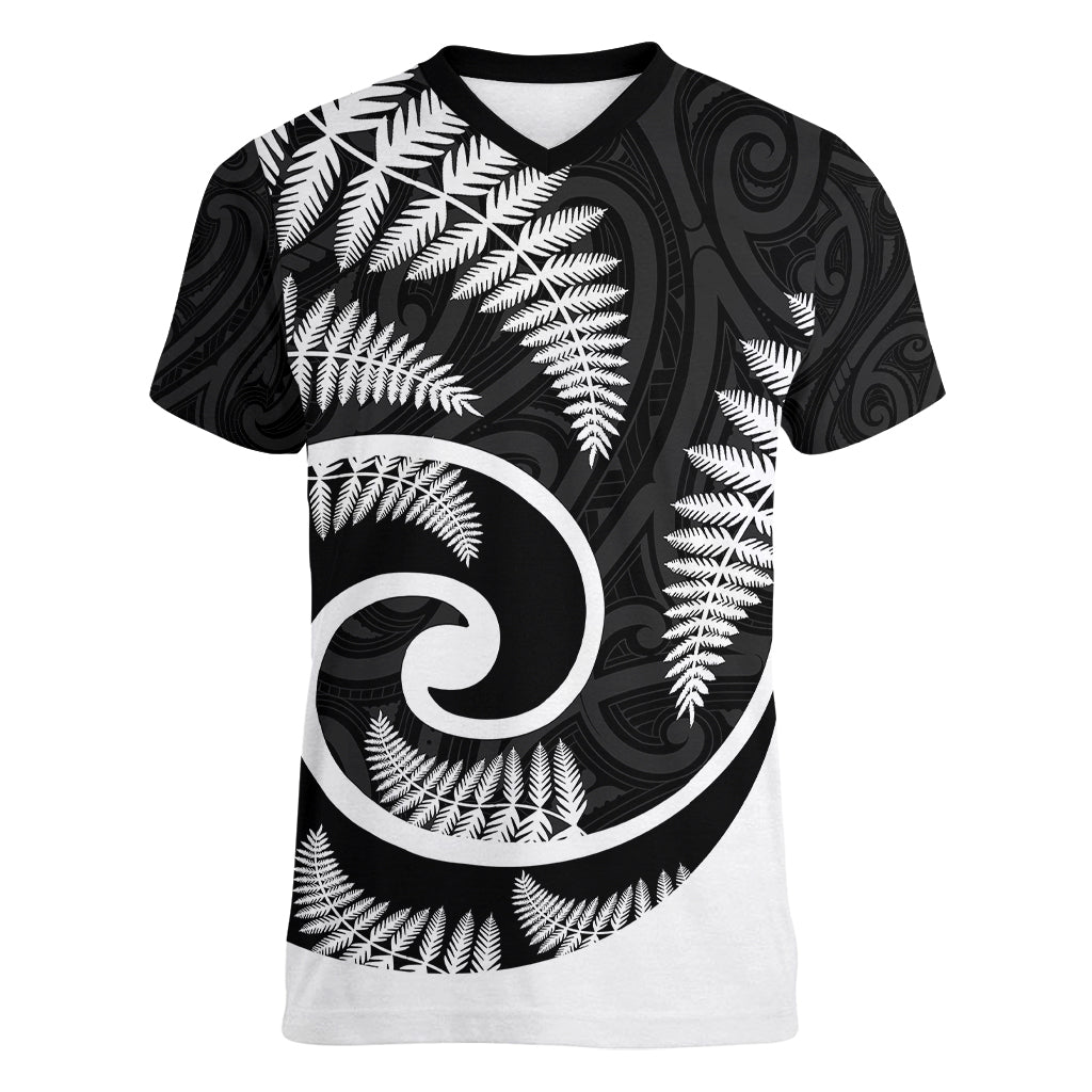 New Zealand Women V Neck T Shirt Maori With Silver Fern White LT6 Female White - Polynesian Pride