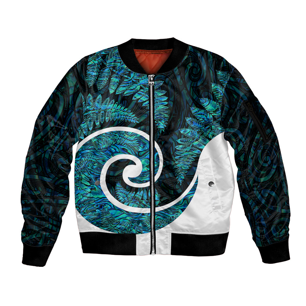 New Zealand Sleeve Zip Bomber Jacket Maori With Silver Fern Papua Shell Green Ver.1 LT6 Unisex Green - Polynesian Pride