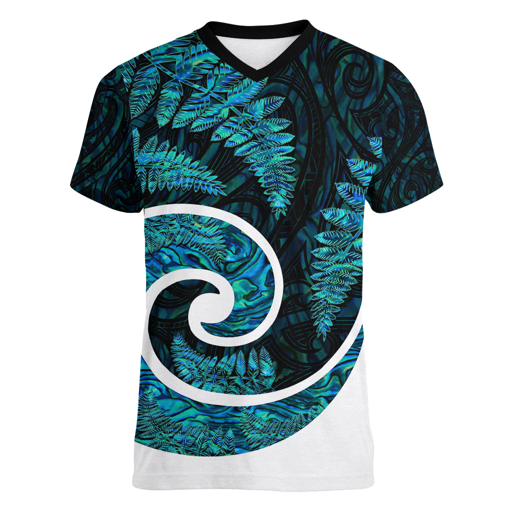 New Zealand Women V Neck T Shirt Maori With Silver Fern Papua Shell Green Ver.1 LT6 Female Green - Polynesian Pride