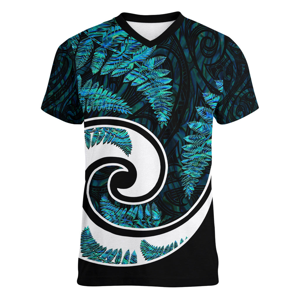 New Zealand Women V Neck T Shirt Maori With Silver Fern Papua Shell Green Ver.2 LT6 Female Green - Polynesian Pride