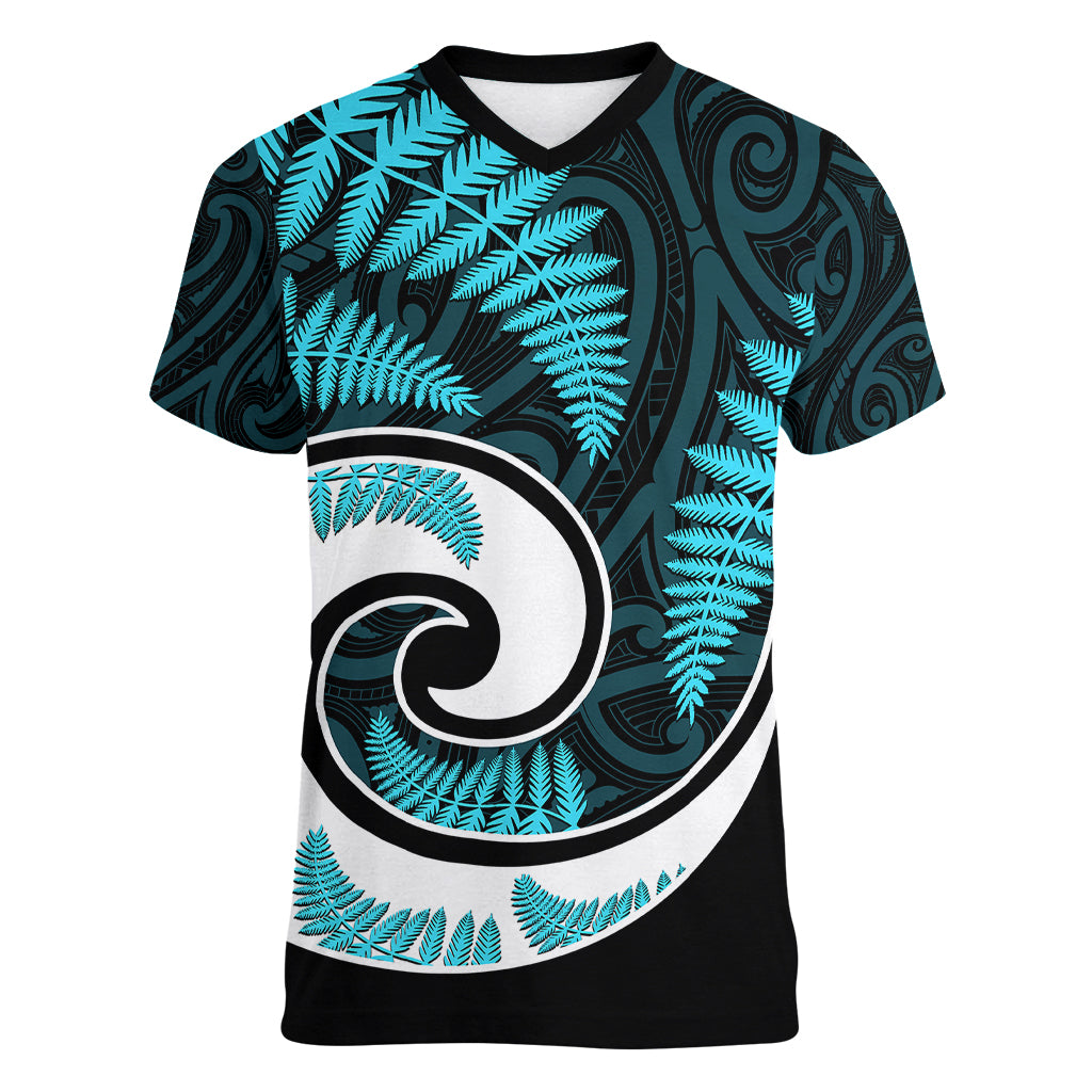 New Zealand Women V Neck T Shirt Maori With Silver Fern Light Blue LT6 Female Blue - Polynesian Pride