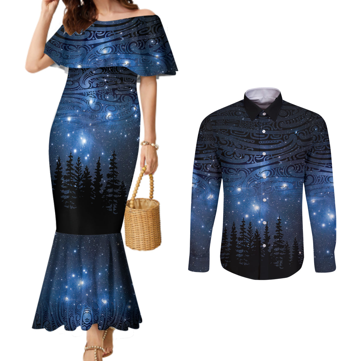 Matariki Te Tau Hou Māori Couples Matching Mermaid Dress and Long Sleeve Button Shirt New Zealand Starry Sky