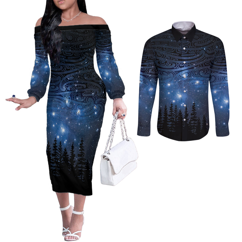 Matariki Te Tau Hou Māori Couples Matching Off The Shoulder Long Sleeve Dress and Long Sleeve Button Shirt New Zealand Starry Sky