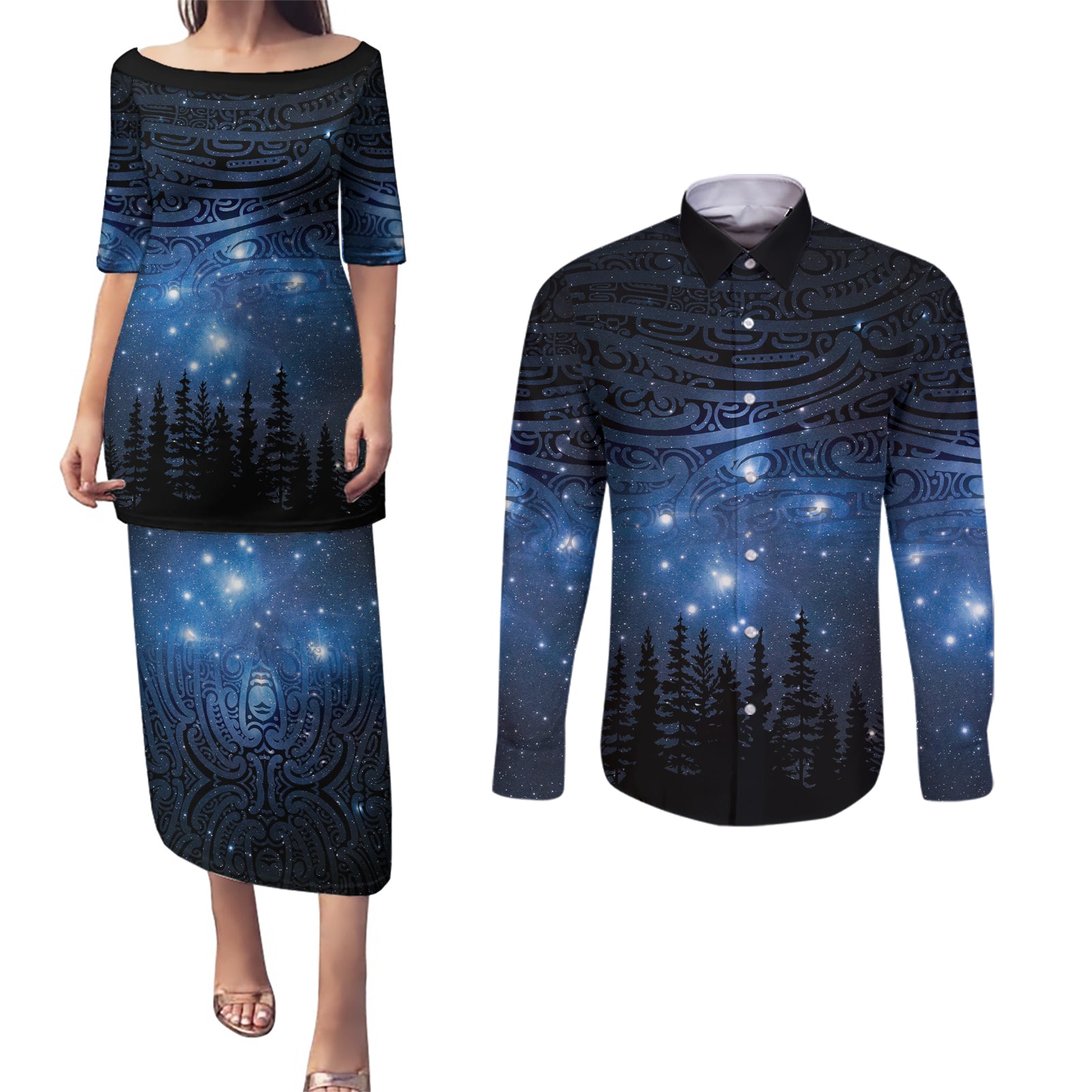 Matariki Te Tau Hou Māori Couples Matching Puletasi and Long Sleeve Button Shirt New Zealand Starry Sky