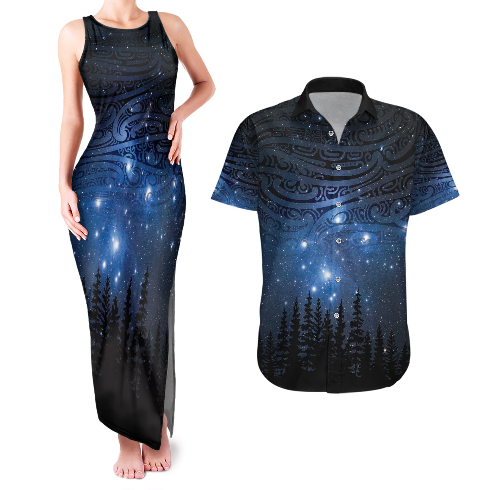 Matariki Te Tau Hou Māori Couples Matching Tank Maxi Dress and Hawaiian Shirt New Zealand Starry Sky