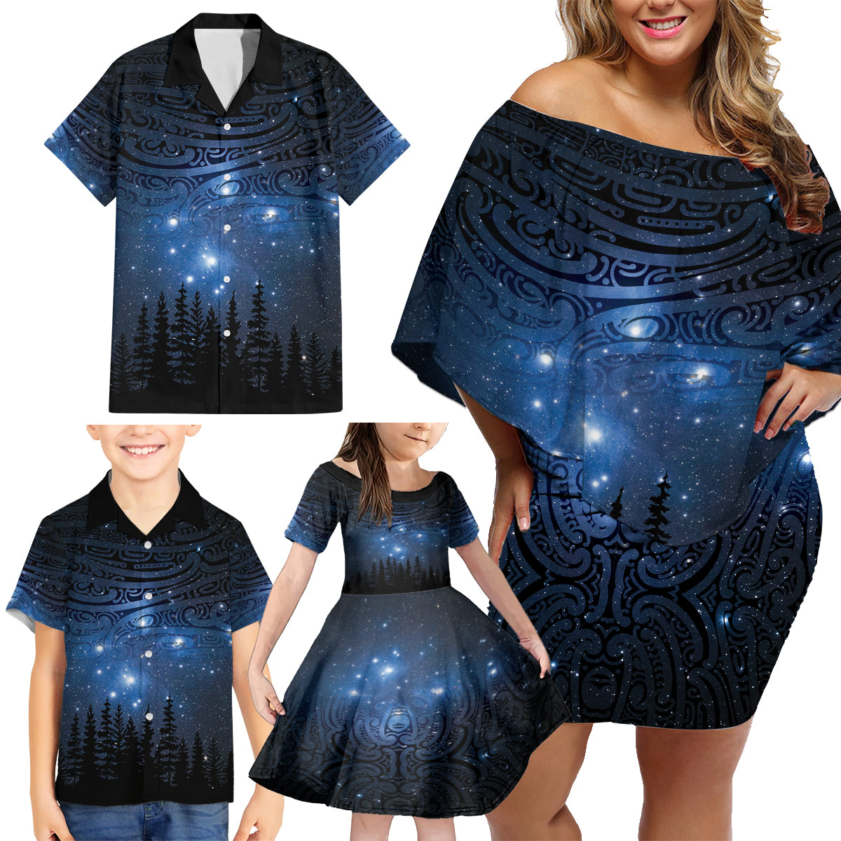 Matariki Te Tau Hou Māori Family Matching Off Shoulder Short Dress and Hawaiian Shirt New Zealand Starry Sky