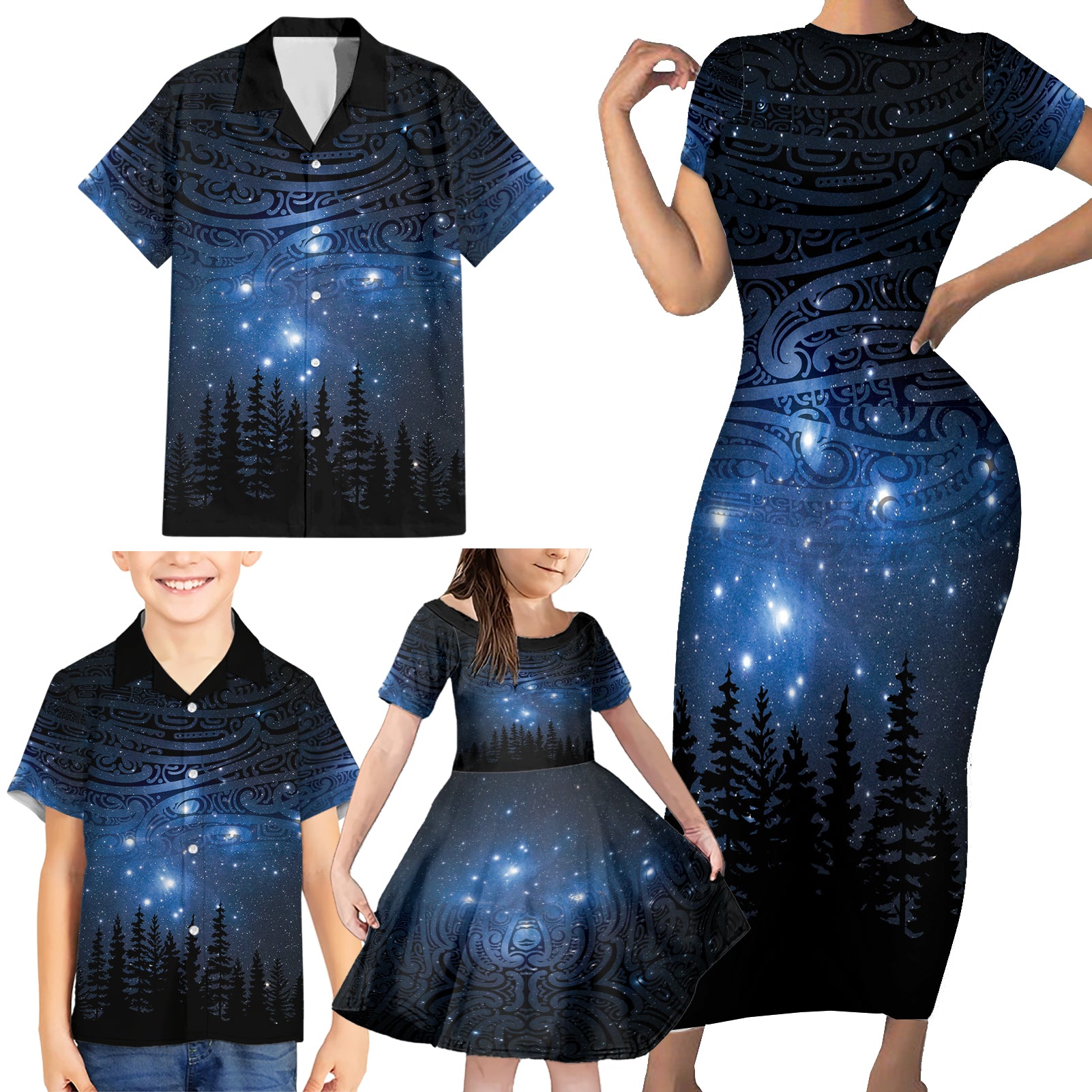 Matariki Te Tau Hou Māori Family Matching Short Sleeve Bodycon Dress and Hawaiian Shirt New Zealand Starry Sky