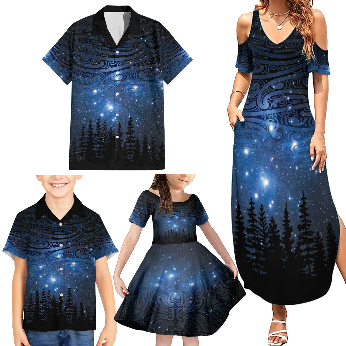 Matariki Te Tau Hou Māori Family Matching Summer Maxi Dress and Hawaiian Shirt New Zealand Starry Sky