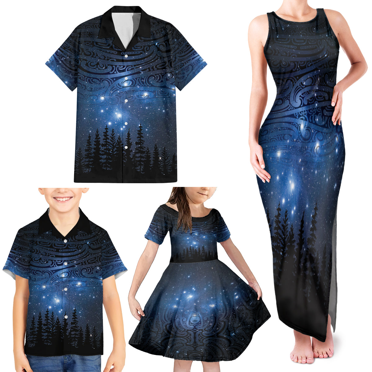 Matariki Te Tau Hou Māori Family Matching Tank Maxi Dress and Hawaiian Shirt New Zealand Starry Sky