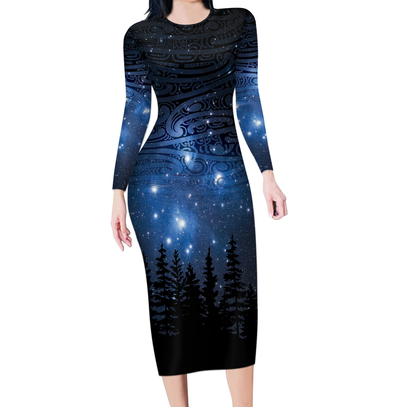 Matariki Te Tau Hou Māori Long Sleeve Bodycon Dress New Zealand Starry Sky