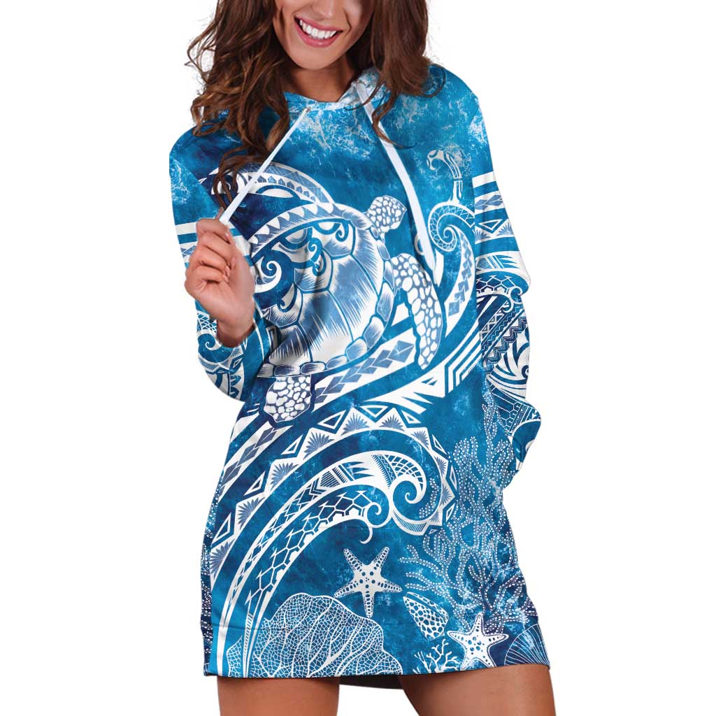 World Ocean Day Polynesian Pattern Hoodie Dress Crystal Waves LT7 Blue - Polynesian Pride