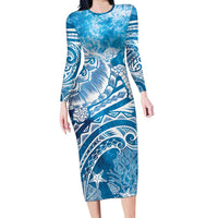 World Ocean Day Polynesian Pattern Long Sleeve Bodycon Dress Crystal Waves LT7 Long Dress Blue - Polynesian Pride