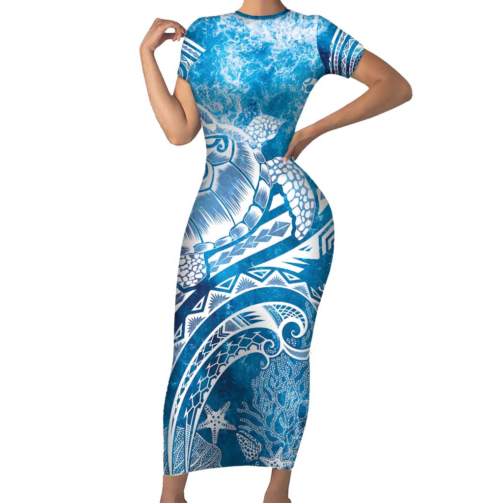 World Ocean Day Polynesian Pattern Short Sleeve Bodycon Dress Crystal Waves LT7 Long Dress Blue - Polynesian Pride