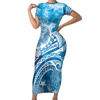 World Ocean Day Polynesian Pattern Short Sleeve Bodycon Dress Crystal Waves LT7 Long Dress Blue - Polynesian Pride