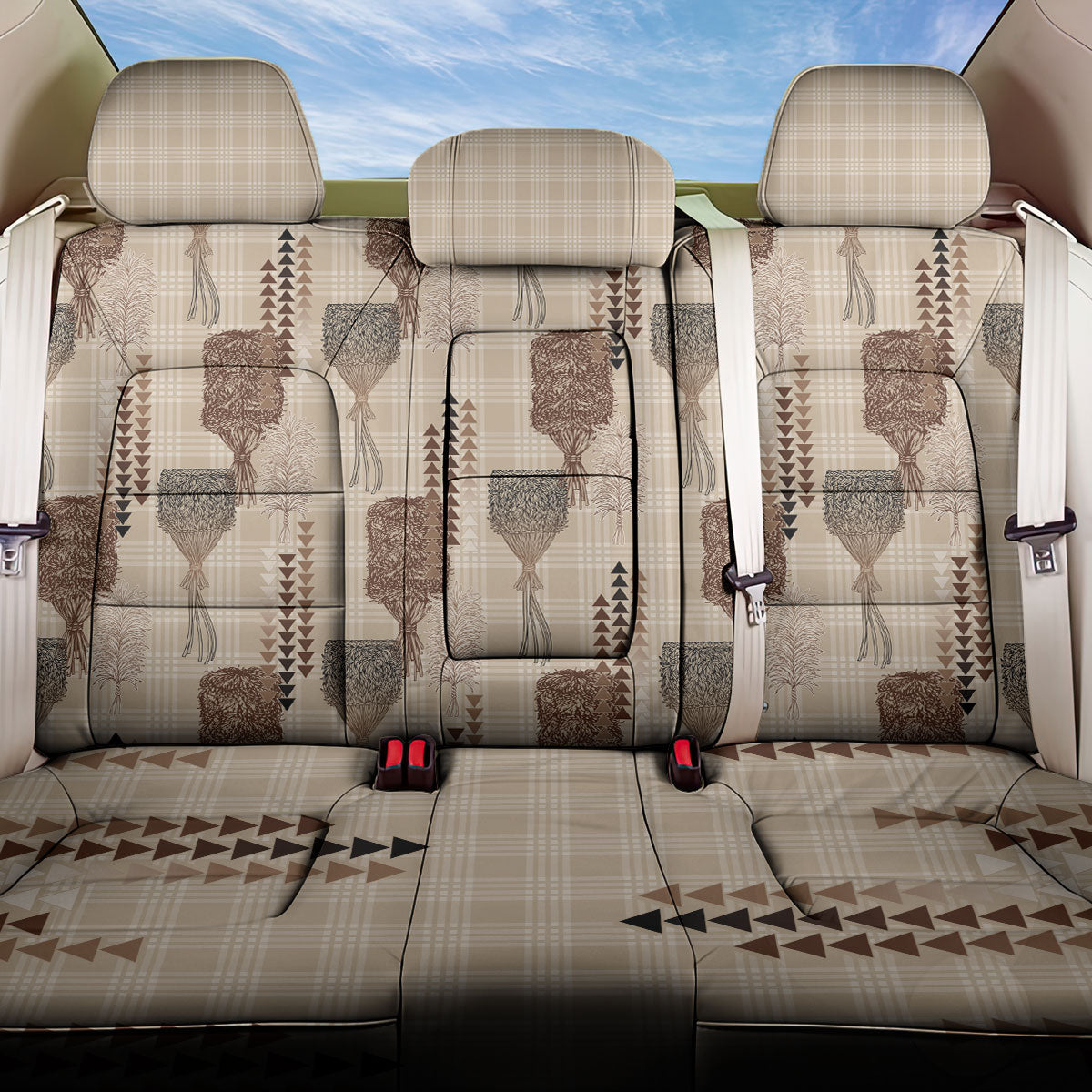 Aloha Hawaii Vintage Kahili Pa'a Lima Back Car Seat Cover Palaka Print Cozy Beige LT7 One Size Beige - Polynesian Pride