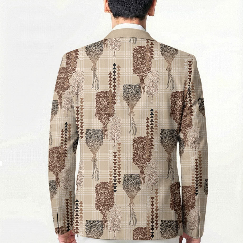Aloha Hawaii Vintage Kahili Pa'a Lima Blazer Palaka Print Cozy Beige LT7 - Polynesian Pride