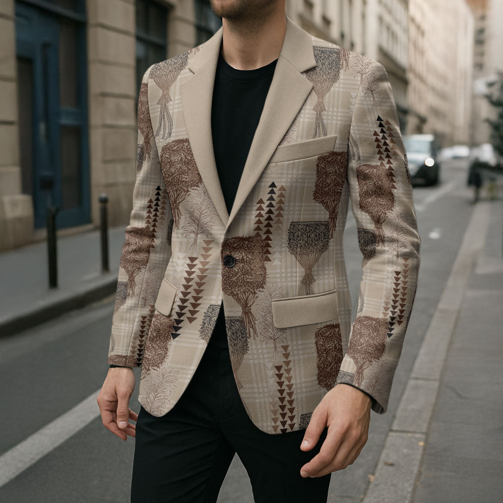 Aloha Hawaii Vintage Kahili Pa'a Lima Blazer Palaka Print Cozy Beige LT7 - Polynesian Pride