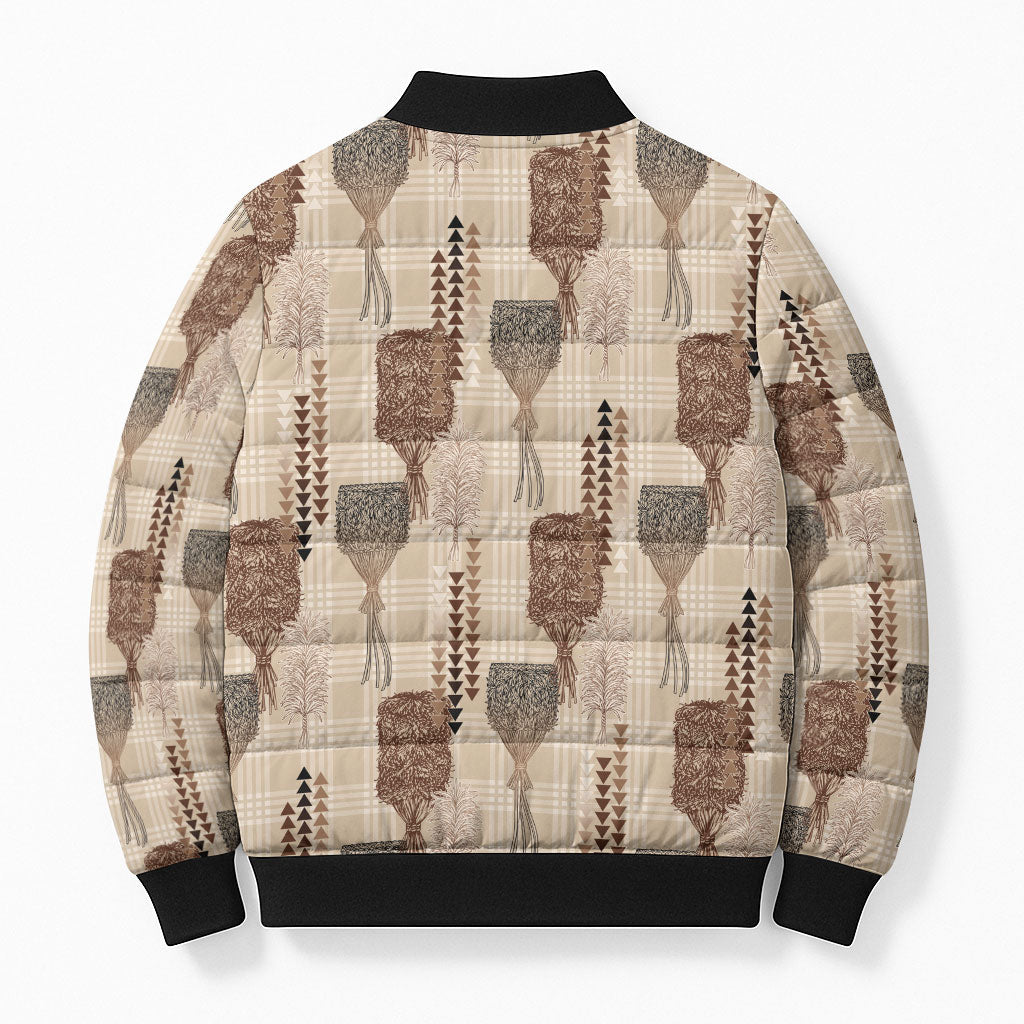 Aloha Hawaii Vintage Kahili Pa'a Lima Bomber Puffer Jacket Palaka Print Cozy Beige LT7 - Polynesian Pride