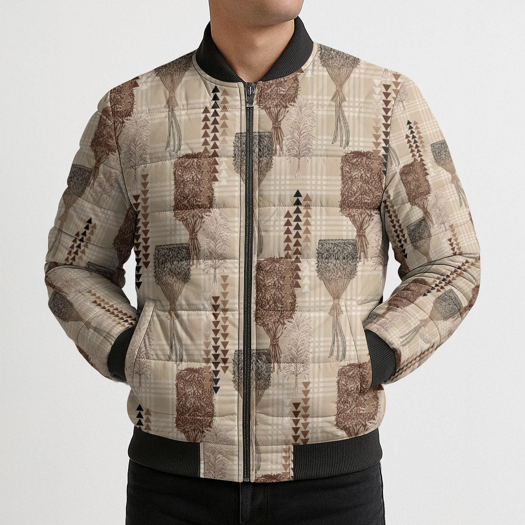 Aloha Hawaii Vintage Kahili Pa'a Lima Bomber Puffer Jacket Palaka Print Cozy Beige LT7 - Polynesian Pride