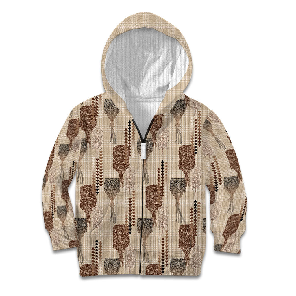 Aloha Hawaii Vintage Kahili Pa'a Lima Kid Hoodie Palaka Print Cozy Beige LT7 Zip Hoodie Beige - Polynesian Pride