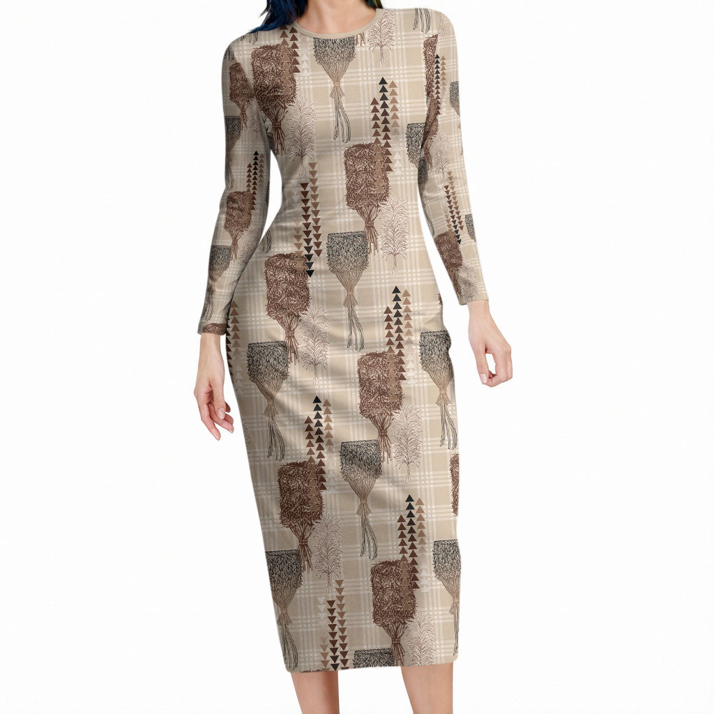 Aloha Hawaii Vintage Kahili Pa'a Lima Long Sleeve Bodycon Dress Palaka Print Cozy Beige LT7 Long Dress Beige - Polynesian Pride