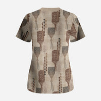 Aloha Hawaii Vintage Kahili Pa'a Lima Scrub Top Palaka Print Cozy Beige LT7 - Polynesian Pride