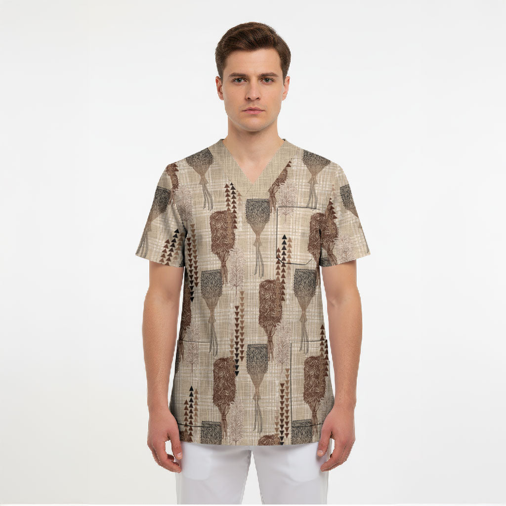 Aloha Hawaii Vintage Kahili Pa'a Lima Scrub Top Palaka Print Cozy Beige LT7 - Polynesian Pride