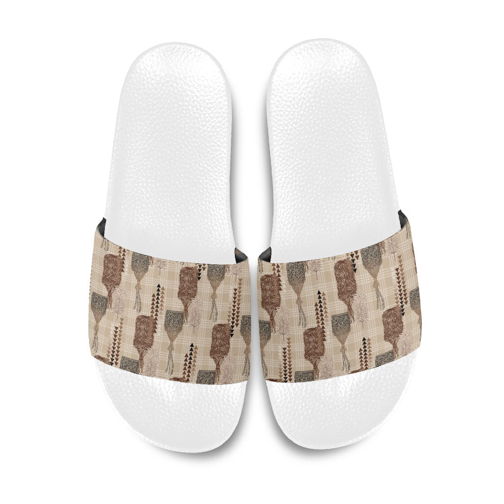 Aloha Hawaii Vintage Kahili Pa'a Lima Slide Sandals Palaka Print Cozy Beige LT7 Beige - Polynesian Pride