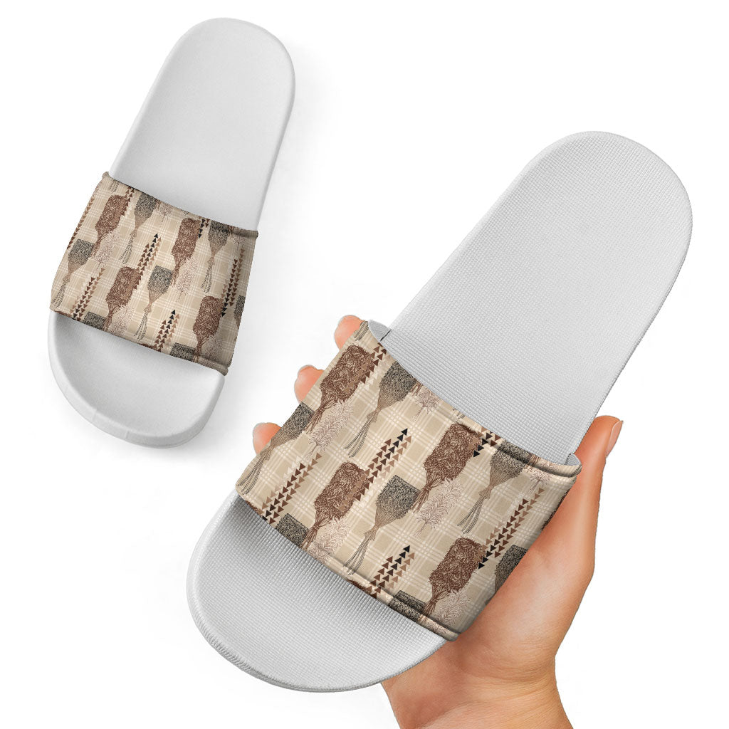 Aloha Hawaii Vintage Kahili Pa'a Lima Slide Sandals Palaka Print Cozy Beige LT7 - Polynesian Pride