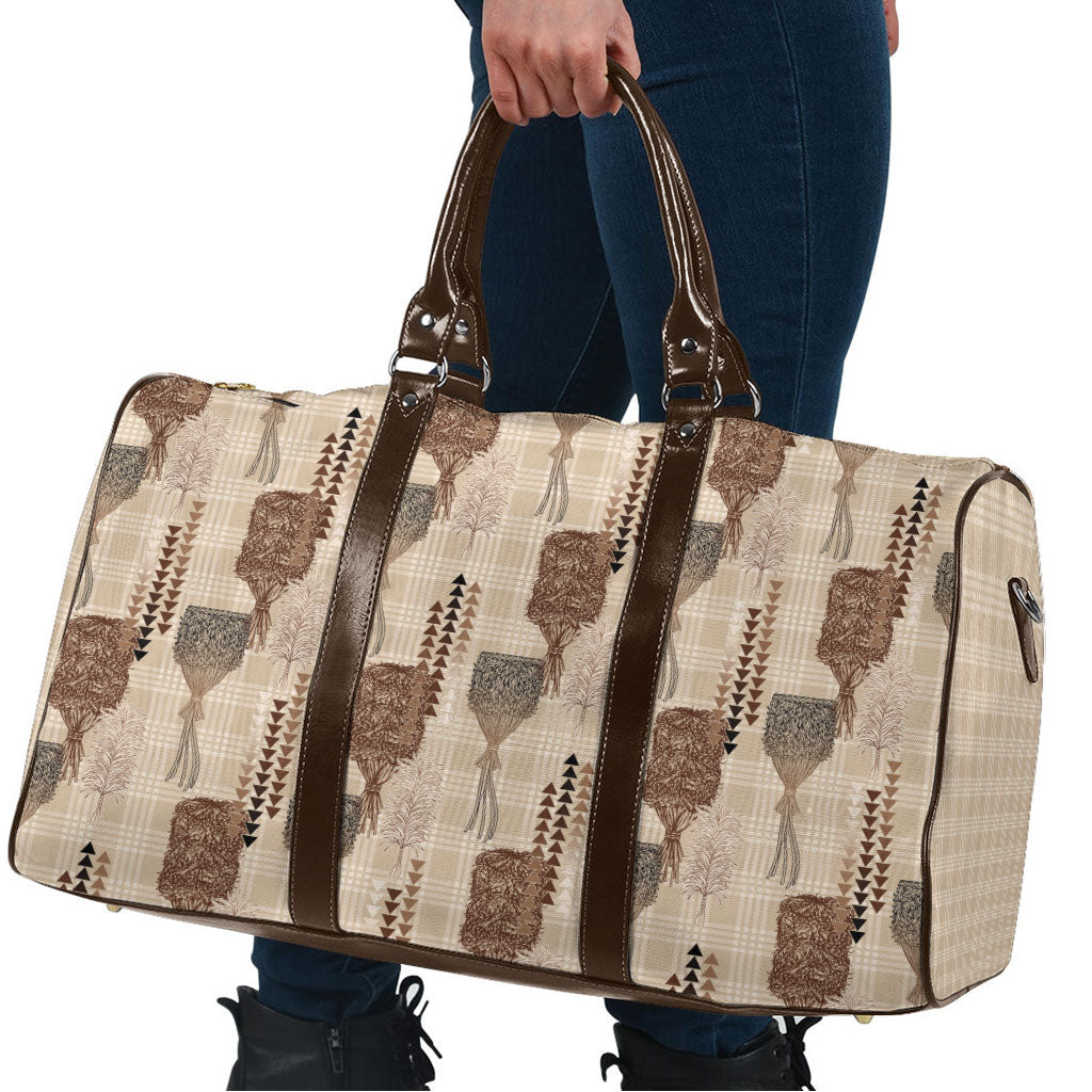 Aloha Hawaii Vintage Kahili Pa'a Lima Travel Bag Palaka Print Cozy Beige LT7 - Polynesian Pride