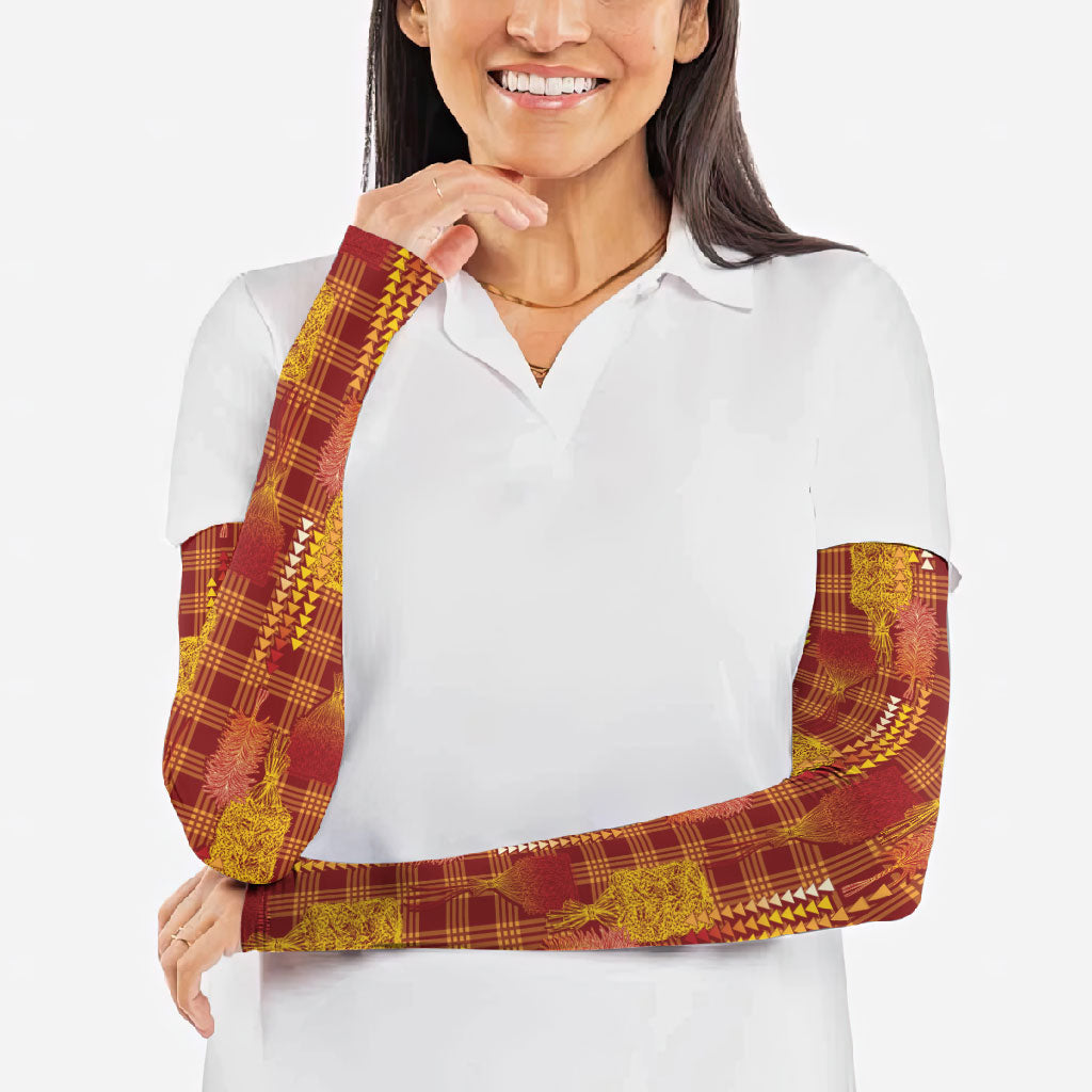 Aloha Hawaii Vintage Kahili Pa'a Lima Arm Sleeves Palaka Print Hilo Royal Red-Yellow LT7 - Polynesian Pride