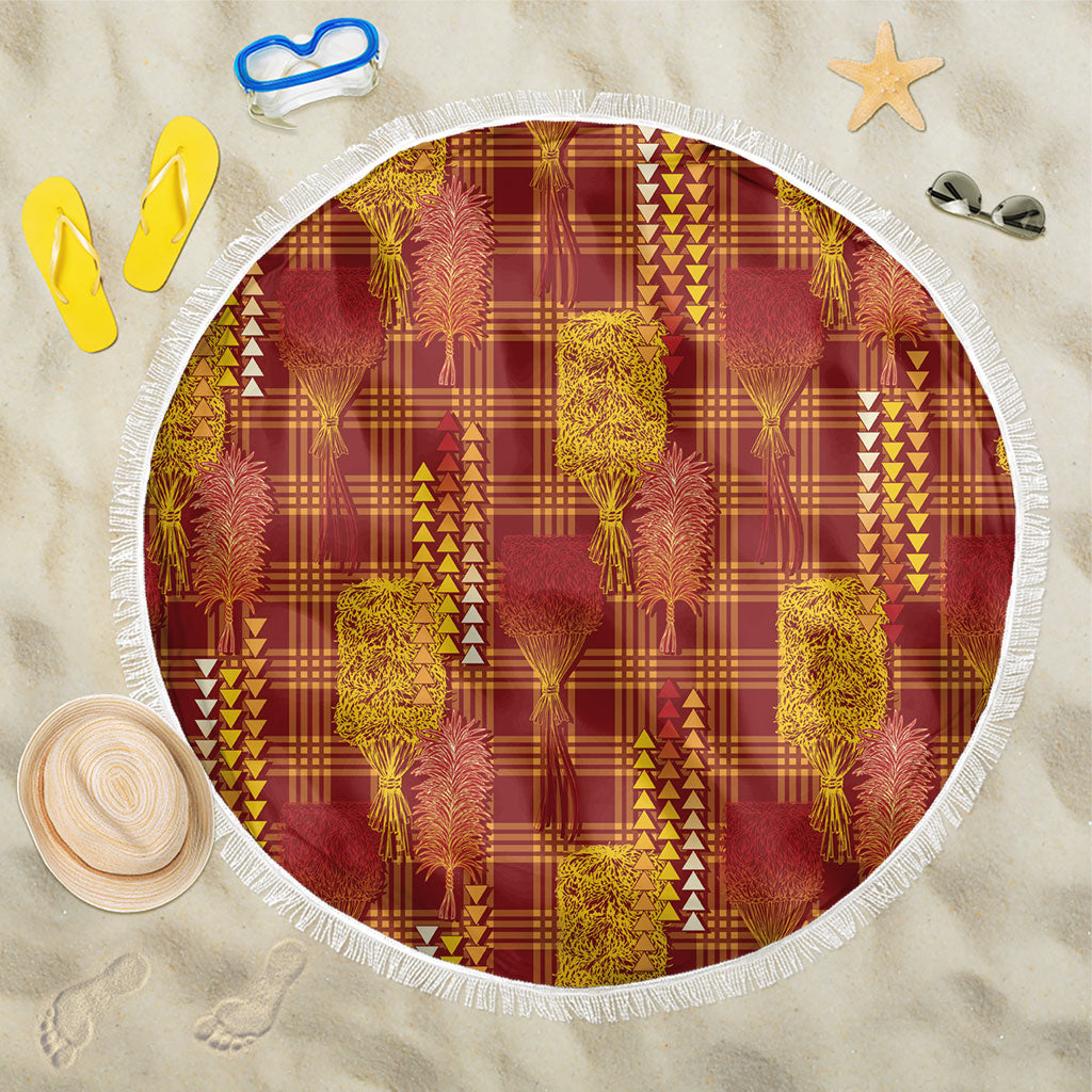 Aloha Hawaii Vintage Kahili Pa'a Lima Beach Blanket Palaka Print Hilo Royal Red-Yellow LT7 One Size 150cm Red - Polynesian Pride