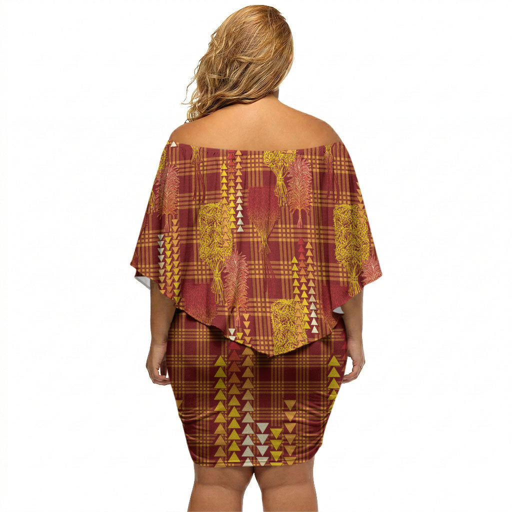 Aloha Hawaii Vintage Kahili Pa'a Lima Off Shoulder Short Dress Palaka Print Hilo Royal Red-Yellow LT7 - Polynesian Pride