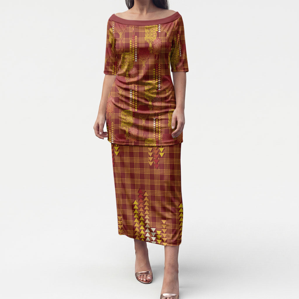 Aloha Hawaii Vintage Kahili Pa'a Lima Puletasi Palaka Print Hilo Royal Red-Yellow LT7 Long Dress Red - Polynesian Pride