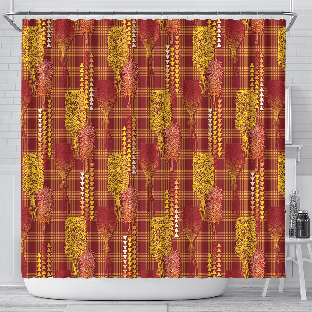 Aloha Hawaii Vintage Kahili Pa'a Lima Shower Curtain Palaka Print Hilo Royal Red-Yellow LT7 - Polynesian Pride