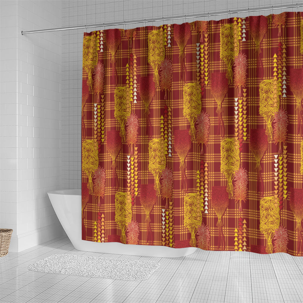 Aloha Hawaii Vintage Kahili Pa'a Lima Shower Curtain Palaka Print Hilo Royal Red-Yellow LT7 - Polynesian Pride