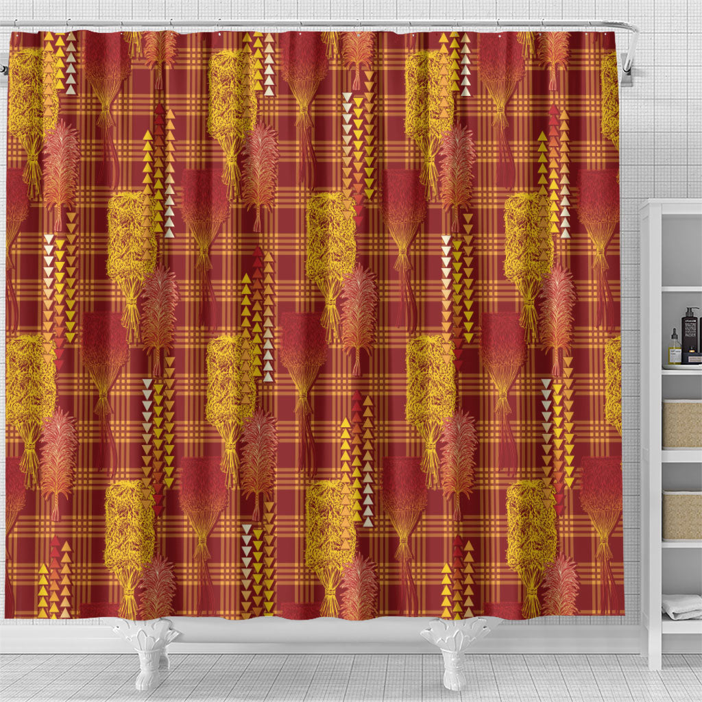 Aloha Hawaii Vintage Kahili Pa'a Lima Shower Curtain Palaka Print Hilo Royal Red-Yellow LT7 - Polynesian Pride