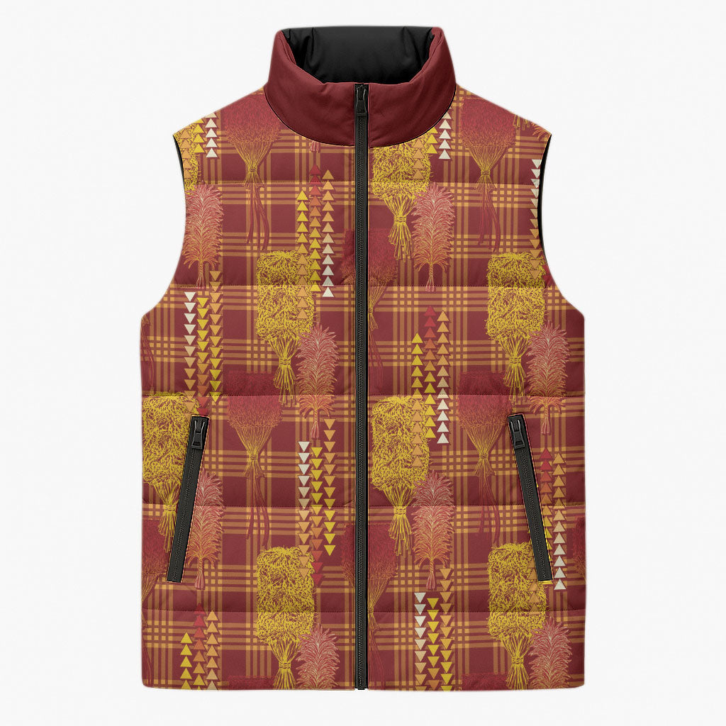 Aloha Hawaii Vintage Kahili Pa'a Lima Sleeveless Puffer Jacket Palaka Print Hilo Royal Red-Yellow LT7 Unisex Red - Polynesian Pride