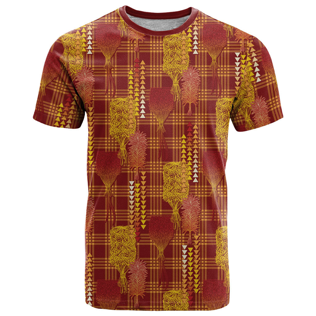 Aloha Hawaii Vintage Kahili Pa'a Lima T Shirt Palaka Print Hilo Royal Red-Yellow LT7 Red - Polynesian Pride