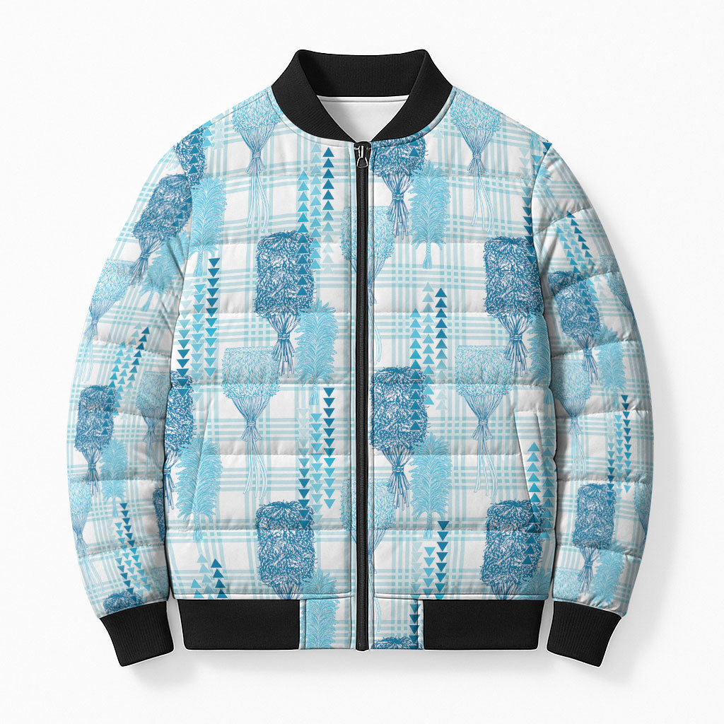 Aloha Hawaii Vintage Kahili Pa'a Lima Bomber Puffer Jacket Palaka Print Oceanic Turquoise LT7 Unisex Turquoise - Polynesian Pride