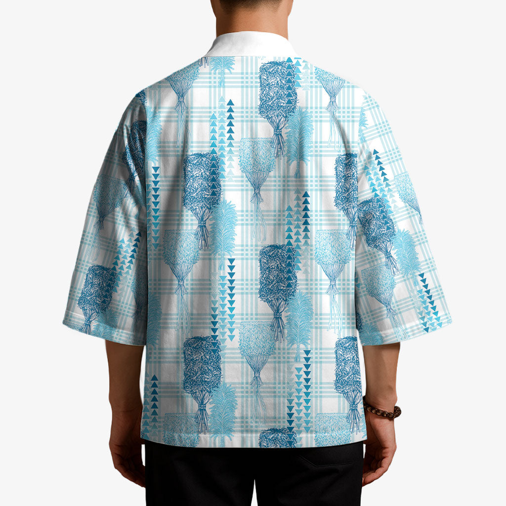 Aloha Hawaii Vintage Kahili Pa'a Lima Kimono Palaka Print Oceanic Turquoise LT7 - Polynesian Pride