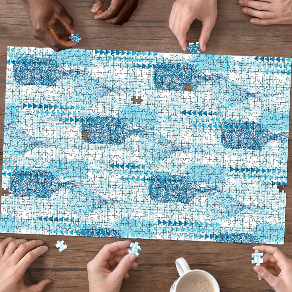 Aloha Hawaii Vintage Kahili Pa'a Lima Puzzle Palaka Print Oceanic Turquoise LT7 - Polynesian Pride