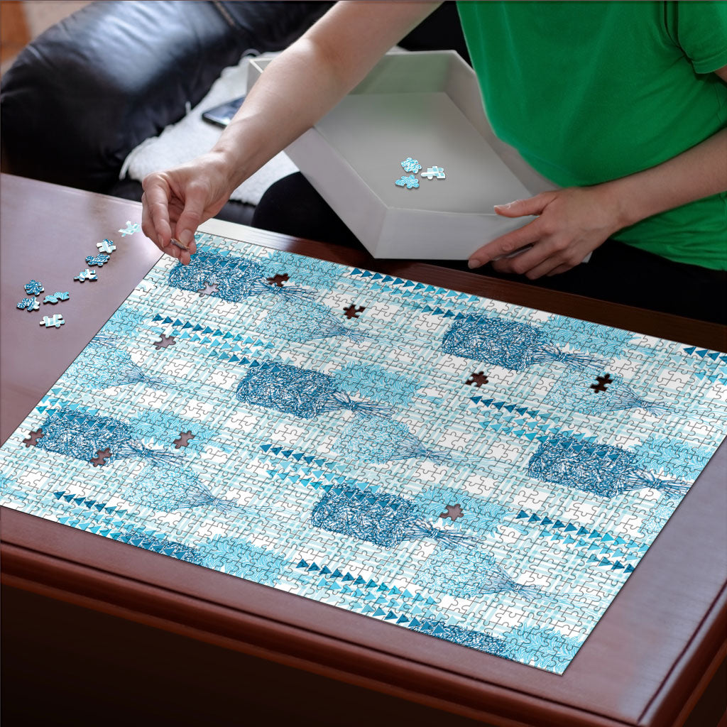Aloha Hawaii Vintage Kahili Pa'a Lima Puzzle Palaka Print Oceanic Turquoise LT7 - Polynesian Pride