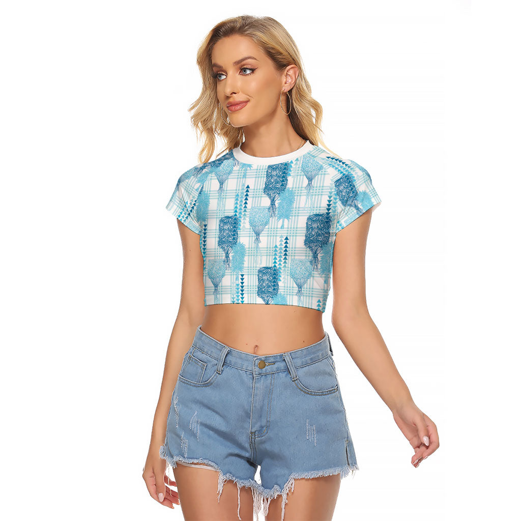 Aloha Hawaii Vintage Kahili Pa'a Lima Raglan Cropped T Shirt Palaka Print Oceanic Turquoise LT7 Female Turquoise - Polynesian Pride